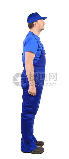 穿蓝制服的工人 侧面风景靴子劳动机械蓝色服务腰部管道职业工业男人图片