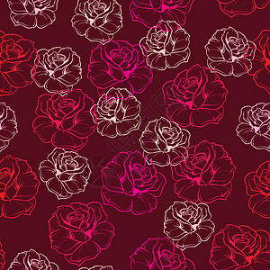 深红色背景上带有粉色 红色和白色复古玫瑰剪影的无缝矢量深色花卉图案图片
