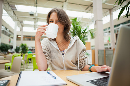 学生在食堂餐桌使用笔记本电脑时喝咖啡技术教育女性短发记事本咖啡店学习饮料杯子家庭作业图片