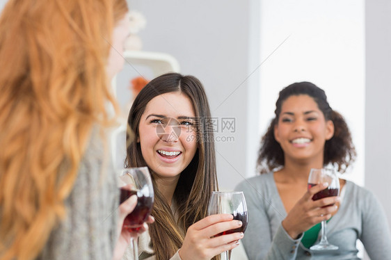 带着红酒眼镜的开心朋友 在家里聊天愉快地享受着快乐沙发金发女郎闲暇酒精互动女性混血客厅金发图片