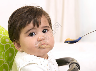 喂一个可爱可爱的女婴孩子父亲母性食物牙裔育儿营养妈妈眼睛爸爸图片