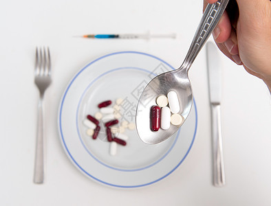 医药用药和餐桌菜单医疗药片药物药店维生素勺子药品白色疾病图片