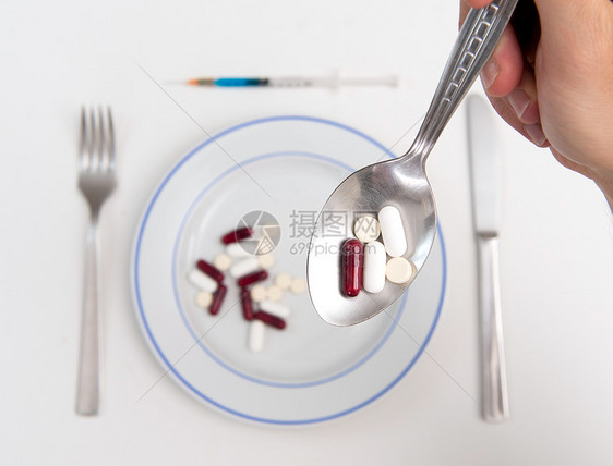 医药用药和餐桌菜单医疗药片药物药店维生素勺子药品白色疾病图片