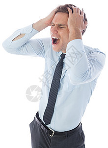 头脑紧张的商务人士 手持头部商业棕色领带双手男性男人公司衬衫头发商务图片