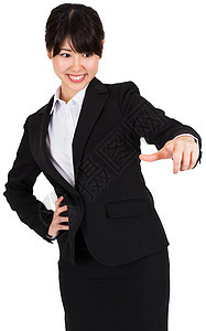 微笑的女商务人士指出职业公司女性快乐人士商务推介会商业女士手指图片