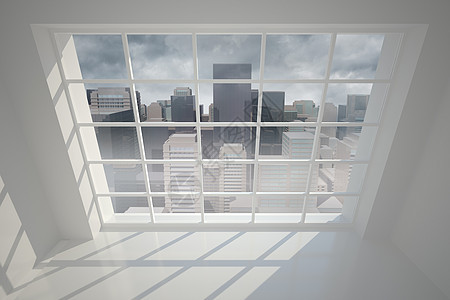 透过窗口看到城市的景色摩天大楼绘图建筑物天空景观计算机房间窗户白色图片