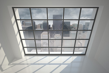 透过窗口看到城市的景色建筑物白色天空窗户计算机房间景观摩天大楼绘图图片