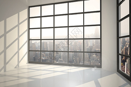 带有大窗口显示城市的房间窗户绘图建筑物天空计算机景观图片