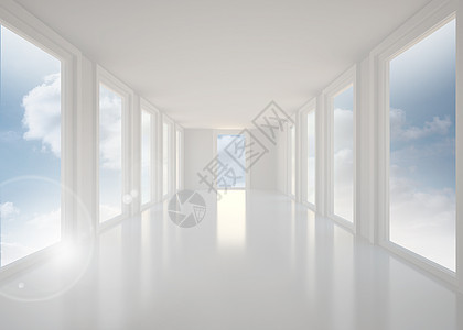 带有窗口的明亮白色大厅多云天空房间阳光门厅走廊绘图窗户计算机图片