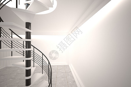 数字生成的房间 有绕行楼梯白色灰色脚步计算机绘图阴影图片