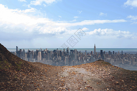 地平线上的大城市摩天大楼小路景观多云天空绘图建筑计算机城市树叶图片