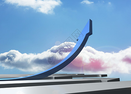 指向天空的蓝曲线箭头计算机生长进步多云绘图成功蓝色背景图片