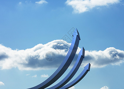 指向天空的蓝曲线箭头成功进步蓝色多云计算机生长绘图背景图片