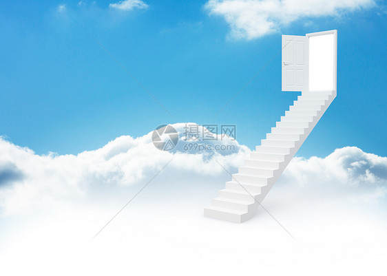 通往天上开着门的台阶计算机数字脚步天空多云进步楼梯绘图图片
