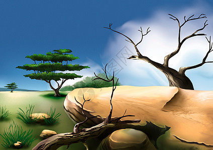 非洲布什插图天空位图绘画卡通片草原木头动画片地平线石头图片