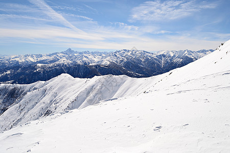 白滑雪斜坡蓝色山峰勘探全景山脉阳光冰川季节运动天空图片