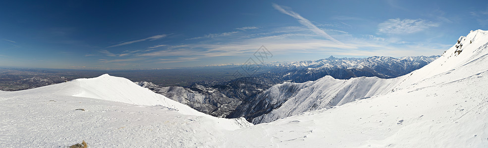 白滑雪斜坡运动冰川阳光全景山峰风景天空勘探蓝色季节图片