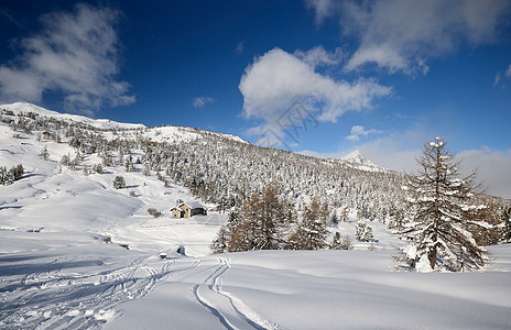 意大利阿尔卑斯山的冬季风景滑雪危险雪堆自由全景山峰荒野冒险小屋冰川图片