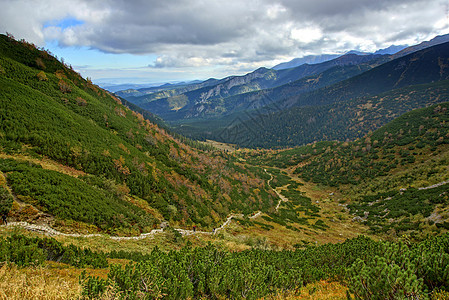 波兰Tatras山景观岩石顶峰风景蓝色爬坡森林旅行小路晴天农村图片