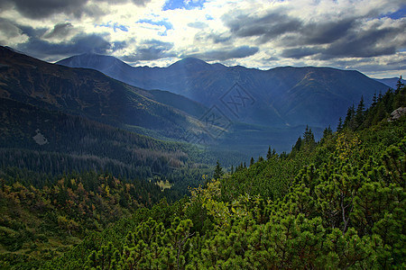 波兰Tatras山景观晴天全景游客踪迹旅游松树旅行顶峰爬坡太阳图片