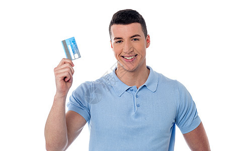 显示信用卡的男子快乐技术男人奉献卡片交换购物商业款机塑料图片