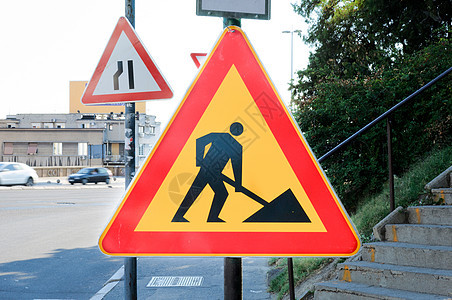 进行中的工作路标三角形疾病红色白色金属障碍注意力安全警告图片