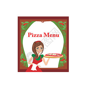 服务员微笑地提供比萨饼 菜单卡身份厨房午餐女士餐厅商业卡片框架围裙送货背景图片