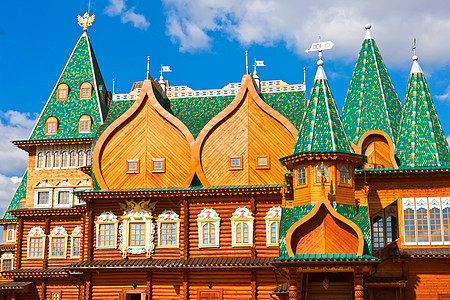 俄罗斯伍德宫殿蓝色建筑学白色博物馆绿色住宅文化历史木头建筑图片