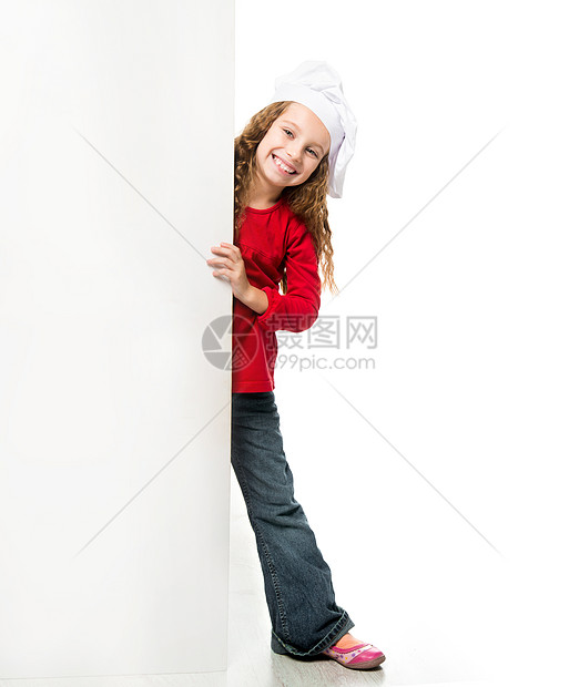 带白板的小女孩厨房快乐乐趣孩子海报卡片烹饪木板食物帽子图片