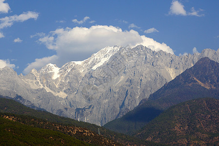 云南丽江古城中国云南省里江玉龙雪山 李江冰帽荒野冰川石头假期阳光高度天空远足全景背景