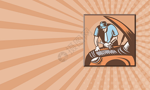 汽车修理工汽车维修零售商技术员正方形艺术品男人男性机械插图海报木刻图片