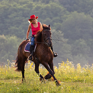 戴红帽子的女性骑着牛仔宠物闲暇帽子农村骑士骑术女士娱乐女骑士图片