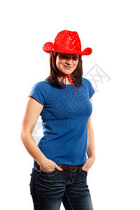 穿着红色牛仔帽的女人图片