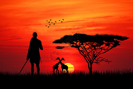 日落时的马赛动物男人马赛人传统太阳旅游插图橙子原住民旅行图片