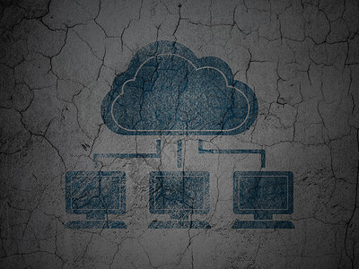云层技术概念 墙壁上的云网在墙底的云网络蓝色互联网服务器古董解决方案监视器插图网站屏幕软件图片