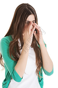 年轻漂亮的女人 有鼻梁压力 触摸她的鼻子情感过敏眼睛皮肤疾病疼痛成人保健痛苦卫生图片