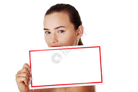 年轻美丽的临时女性 拥有复制空间推介会标语商务商业木板人士海报展示空白卡片图片