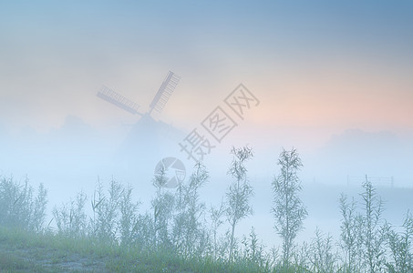 荷兰风车在浓密的日出雾中图片