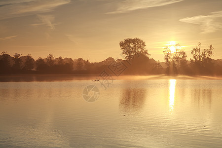 温暖的薄雾在湖上日出图片