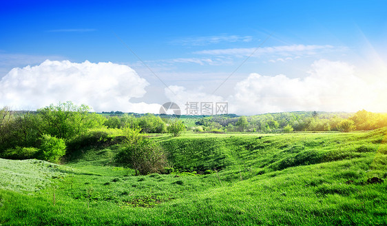 春季风景牧场树木花园日落风光生长场地爬坡田园草地图片