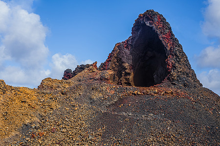 Timanfaya山脉火灾戏剧性天空陨石太阳火山棕榈石头保护骆驼洞穴图片