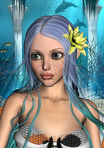 美人鱼女孩游泳蓝色魔法女士生物童话女性海洋尾巴图片