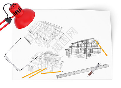 桌面建筑师小屋教育杯子绘画飞碟项目框架办公室圆规插图图片