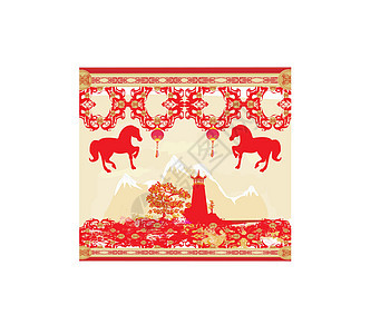 中国中秋节和新年设计元素建筑节日活力红色月球地球装饰框架风格文化图片