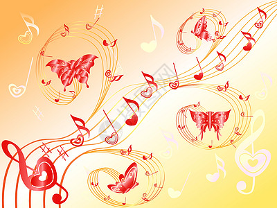 用心和蝴蝶在摇动的音乐音符图片