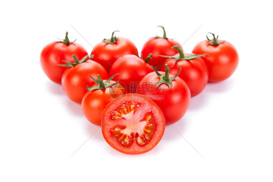 白色背景的红番茄片水样金字塔厨房红色食物蔬菜沙拉酱图片