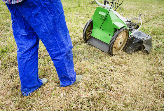 年轻人用割草机修剪草坪后院引擎工具场地工作园丁房子花园园艺工人图片