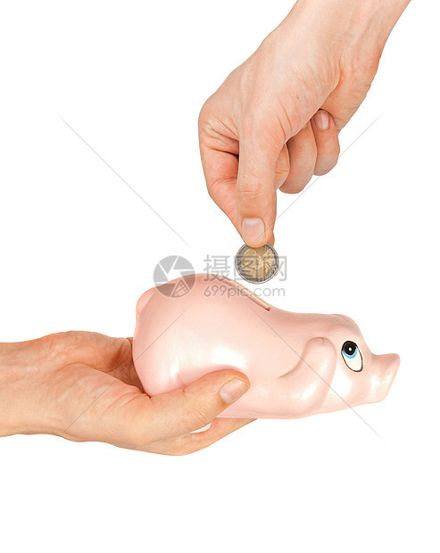 插入硬币捐赠货币小猪金融男人陶瓷手臂银行储蓄存钱罐图片