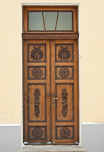 旧木板雕刻古董建筑学风格棕色入口木头螺栓指甲装饰图片