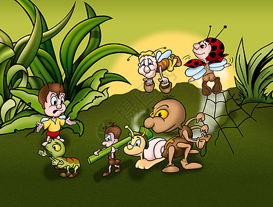 昆虫世界动画片甲虫蚂蚁卡通片蜜蜂风景虫子叶子插图位图图片